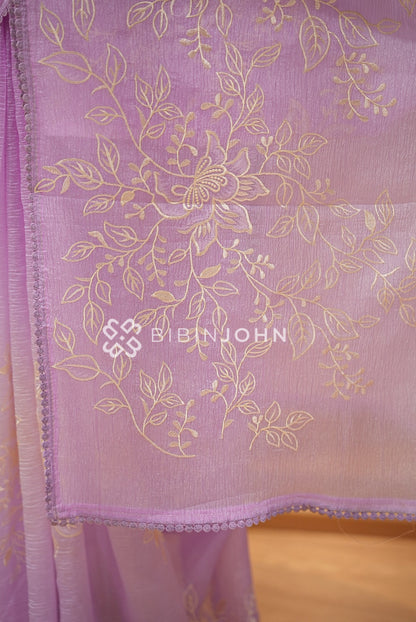 Tissue Organza Embroidery Saree For Women Lavender  PALLU
