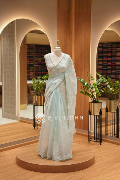 Tissue Organza Embroidery Saree For Women Ice Mint