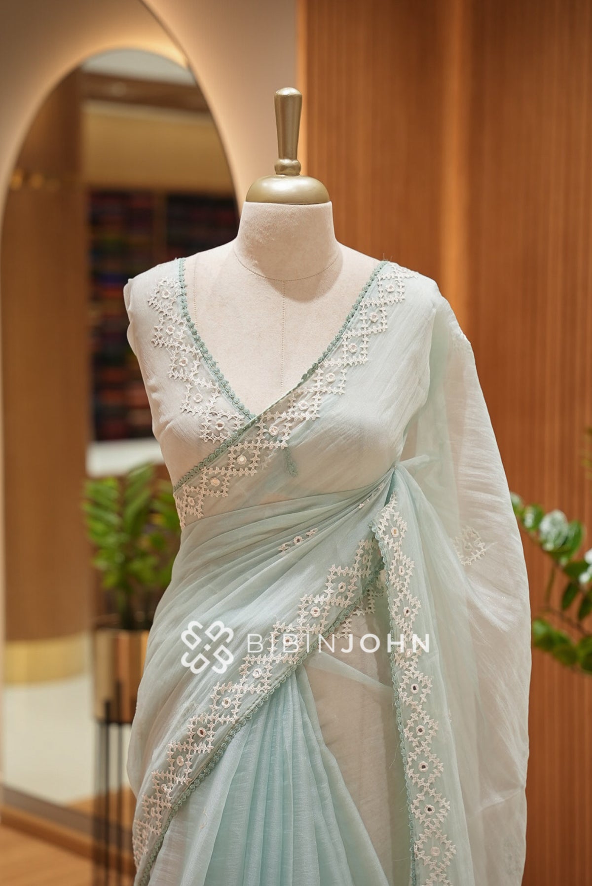 Tissue Organza Embroidery Saree For Women Ice Mint CLOSE VIEW