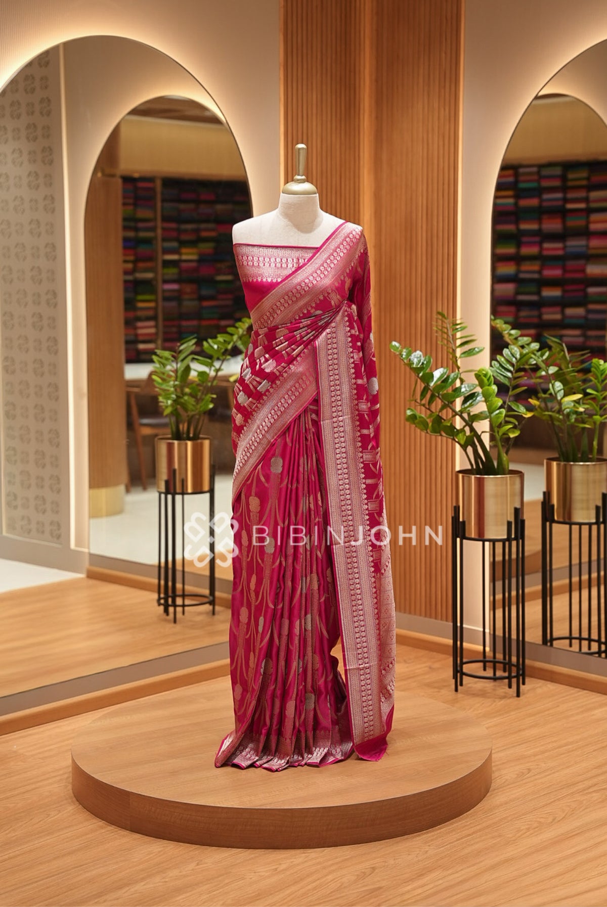 Satin Brocade Saree For Women Rani Pink 