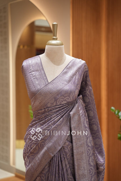 Silk Brocade Saree For Women Dusty Lavender Grey  CLOSE VIEW