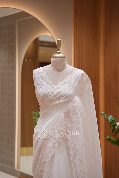 Cotta Embroidery Saree Ivory White  CLOSE VIEW
