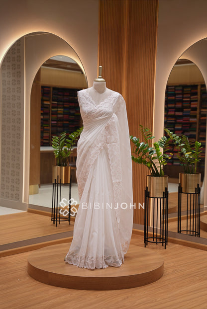 Cotta Embroidery Saree Ivory White 