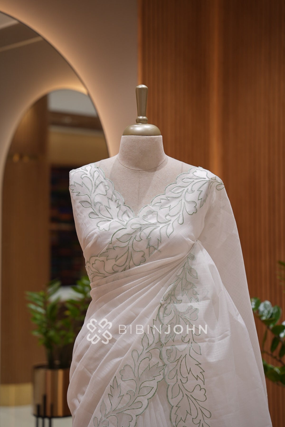 Cotta Embroidery Saree Ivory White CLOSE VIEW