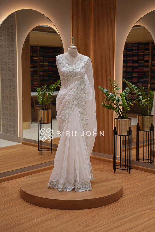 Cotta Embroidery Saree Ivory White