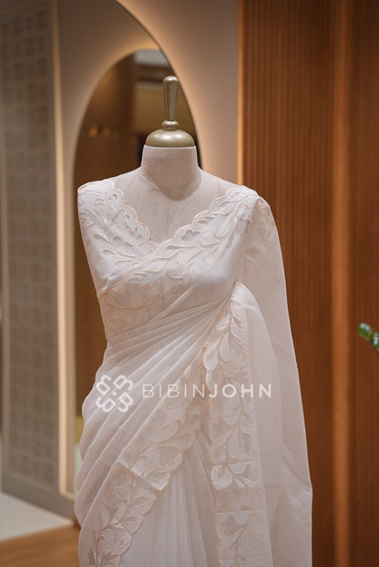 Cotta Embroidery Saree White  CLOSE VIEW