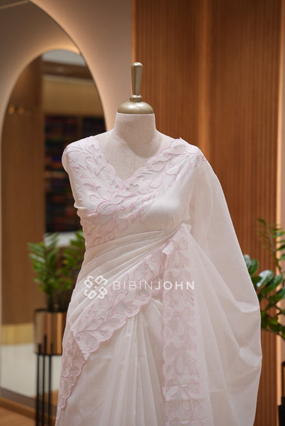 Cotta Embroidery Saree White CLOSE VIEW