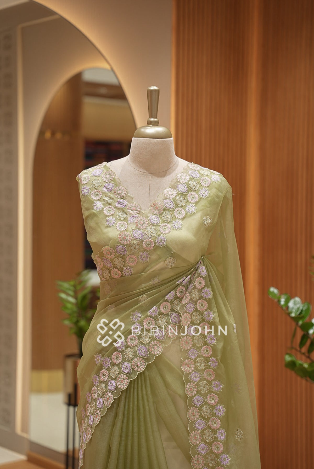 Organza Embroidery Saree For Women Olive Green  CLOSE VIEW