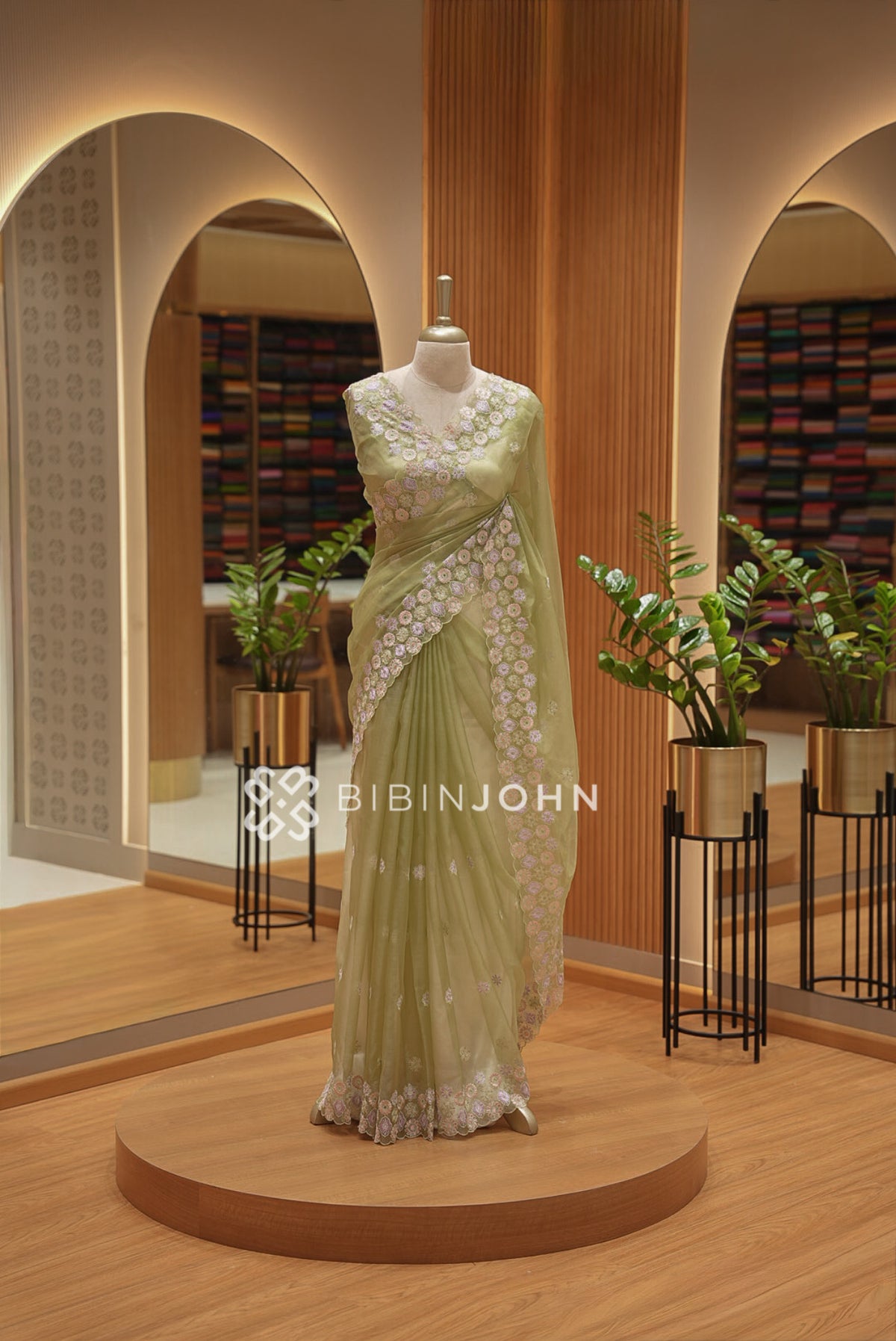 Organza Embroidery Saree For Women Olive Green 