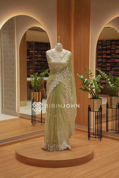 Organza Embroidery Saree For Women Olive Green 