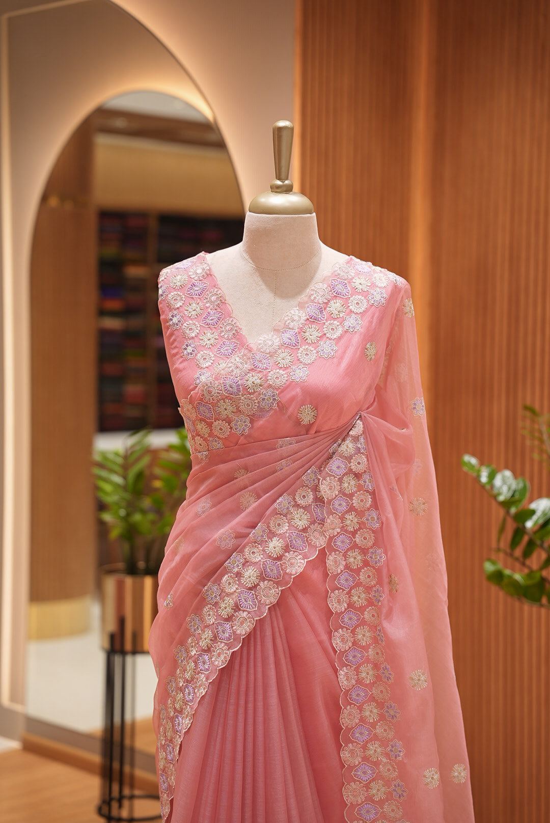 Organza Embroidery Saree For Women Peach Pink CLOSE VIEW
