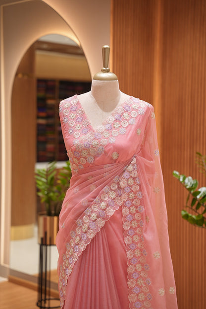 Organza Embroidery Saree For Women Peach Pink CLOSE VIEW