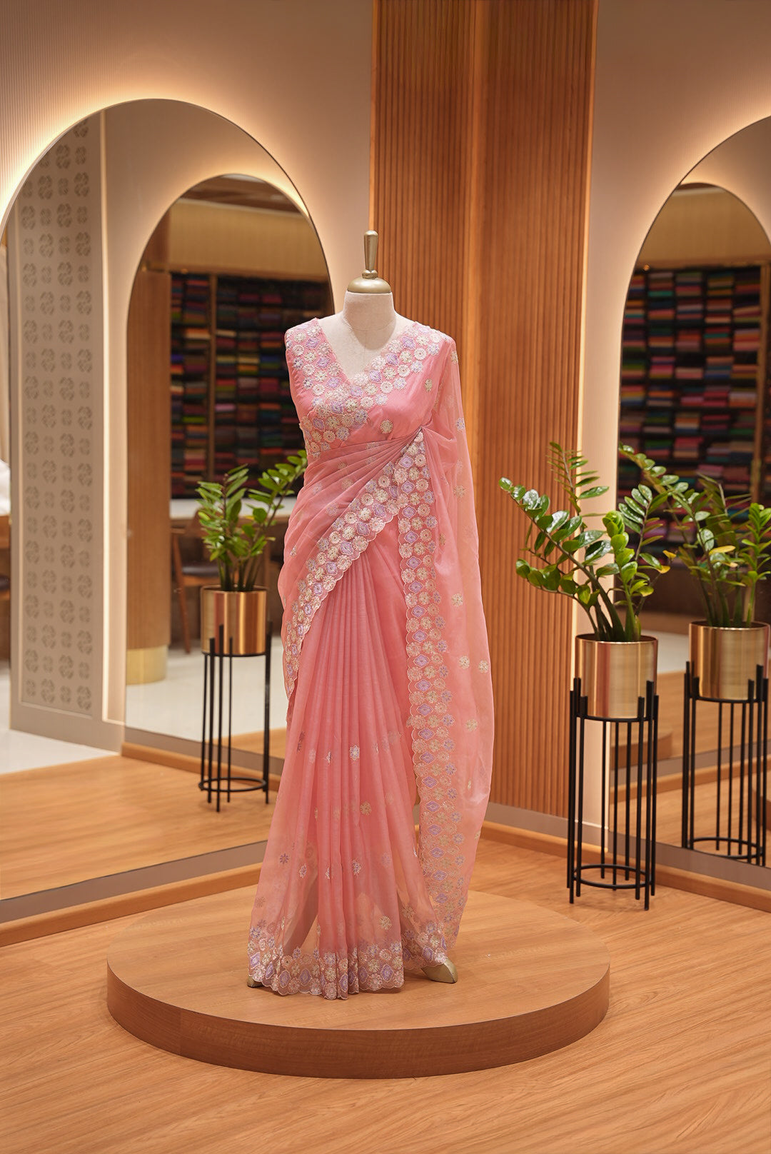 Organza Embroidery Saree For Women Peach Pink