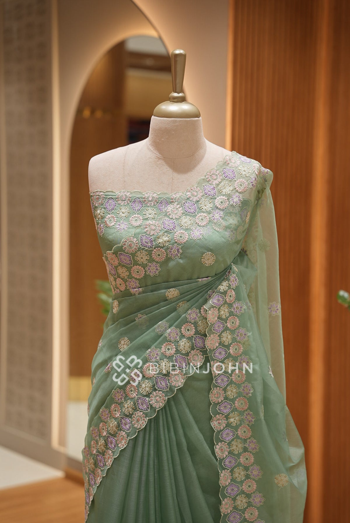 Organza Embroidery Saree For Women Sage Green CLOSE VIEW