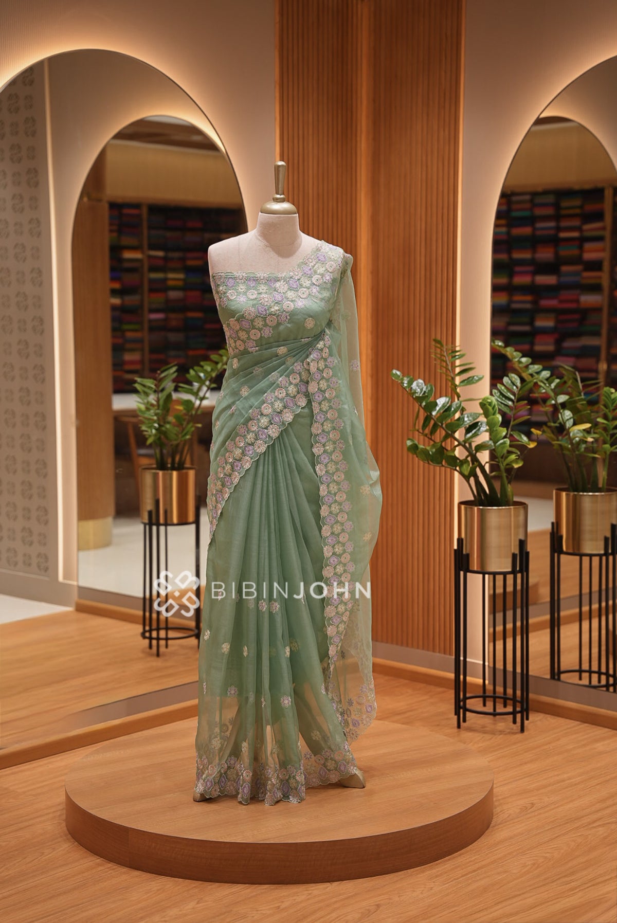Organza Embroidery Saree For Women Sage Green