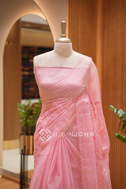 Organza Embroidery Saree For Women Blush Pink  CLOSE VIEW