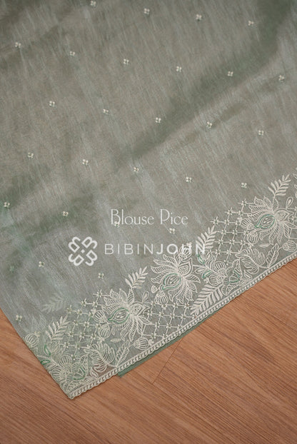 Tissue Organza Embroidery Saree For Women Sage Green blouse piece