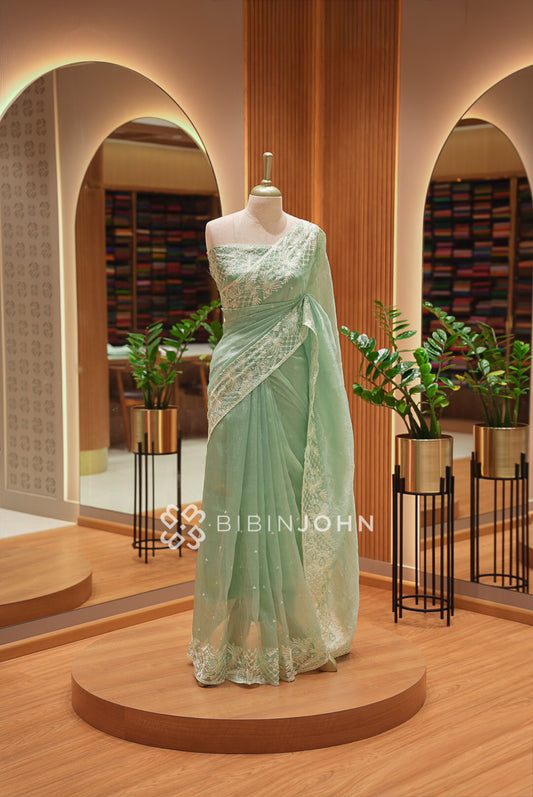 Tissue Organza Embroidery Saree For Women Sage Green