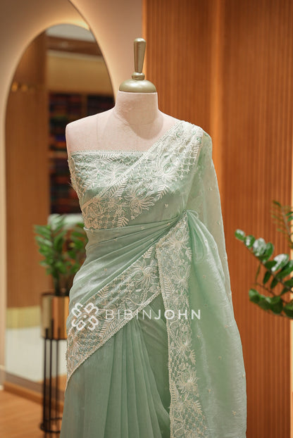 Tissue Organza Embroidery Saree For Women Sage Green close view