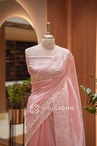 Tissue Organza Embroidery Saree For Women Dusty Rose Pink CLOSE VIEW