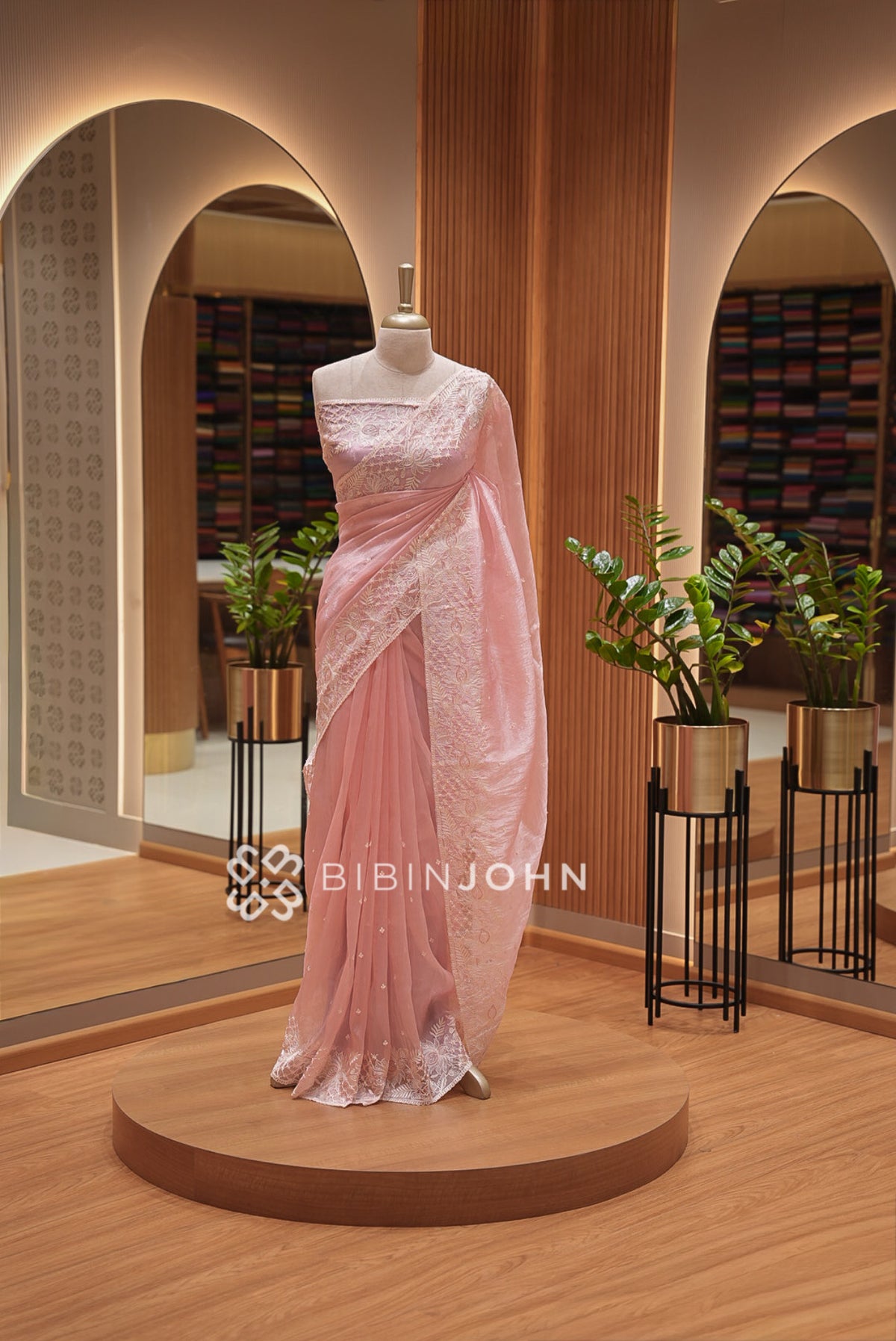 Tissue Organza Embroidery Saree For Women Dusty Rose Pink  