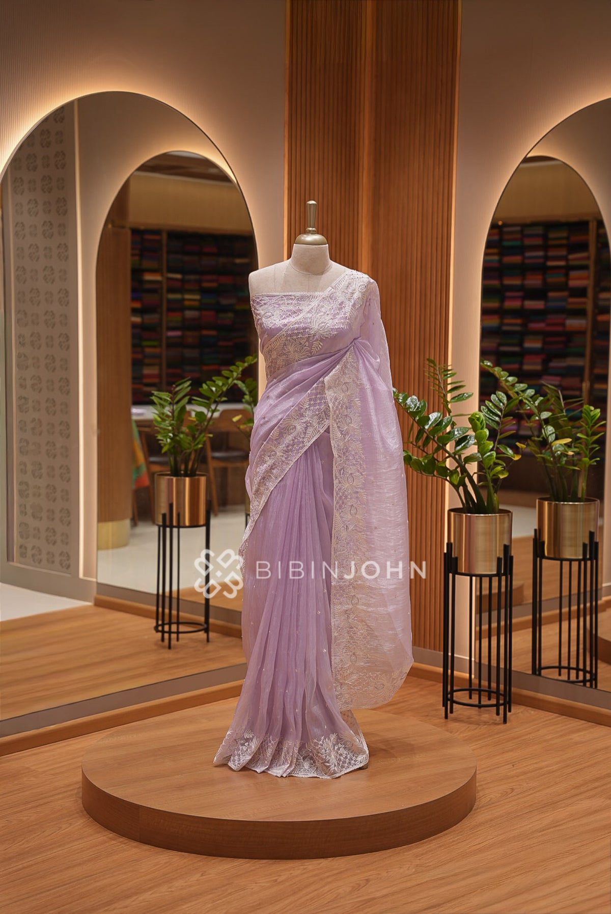Tissue Organza Embroidery Saree For Women Lavender 