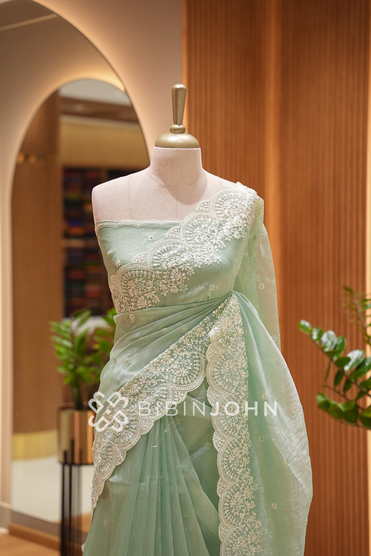 Tissue Organza Embroidery Saree For Women Mint Green  CLOSE VIEW