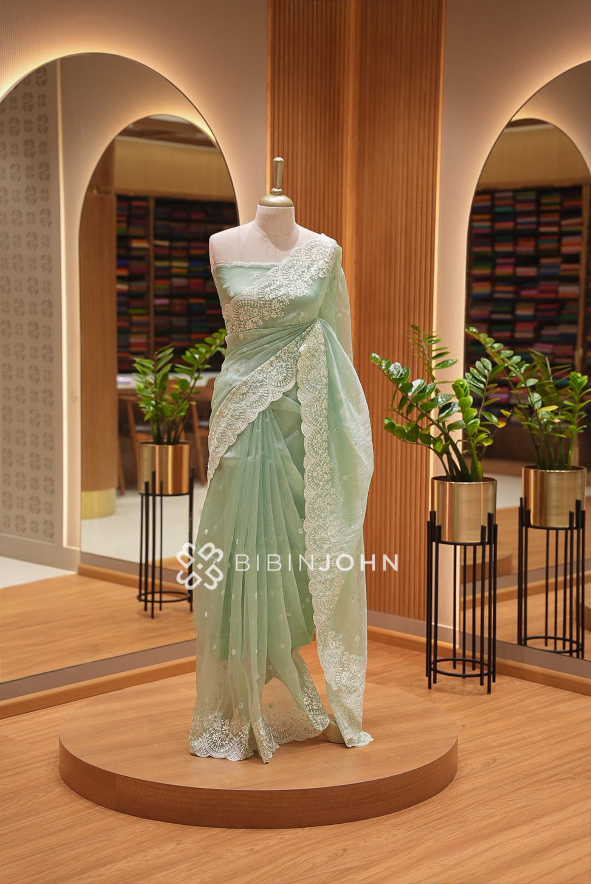 Tissue Organza Embroidery Saree For Women Mint Green 