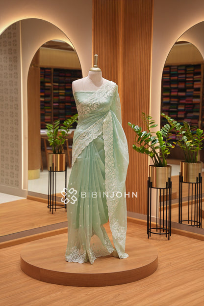 Tissue Organza Embroidery Saree For Women Mint Green 