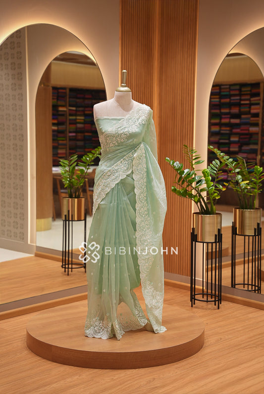 Tissue Organza Embroidery Saree For Women Mint Green 
