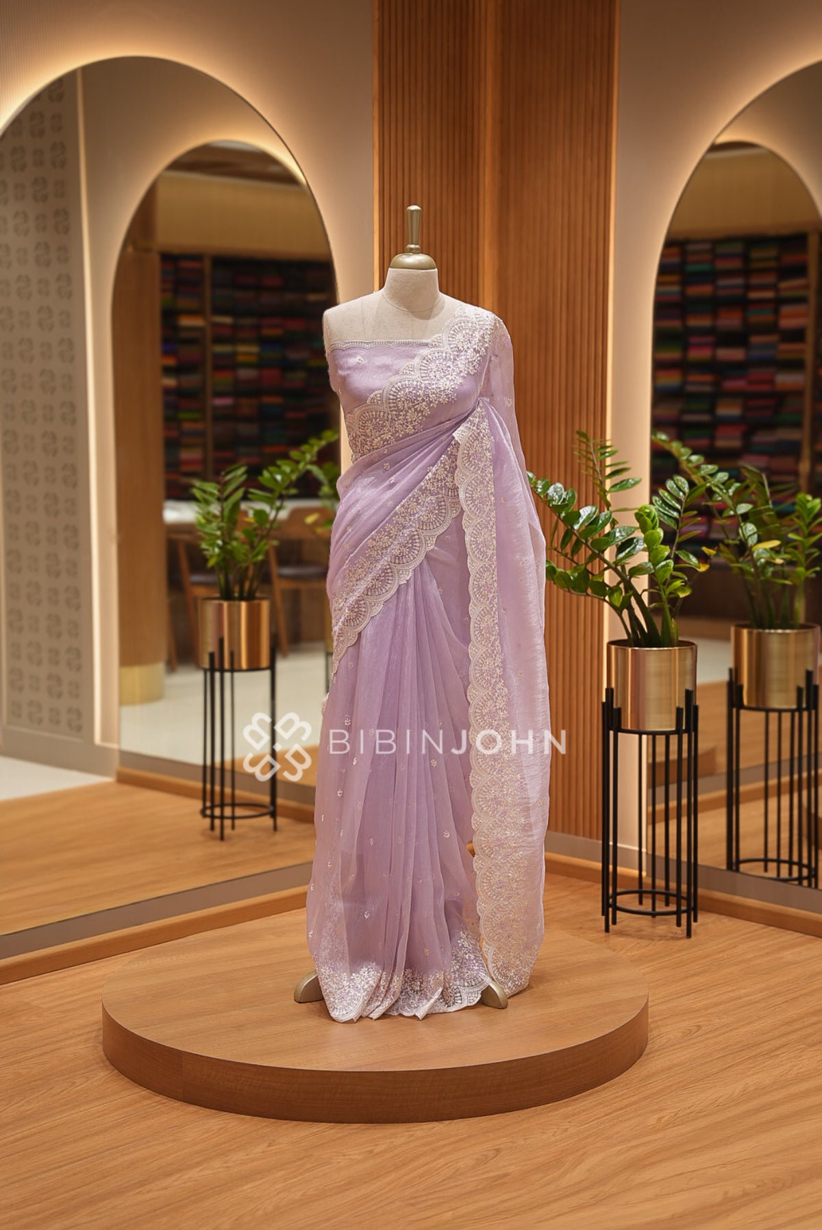 Tissue Organza Embroidery Saree For Women Lavender