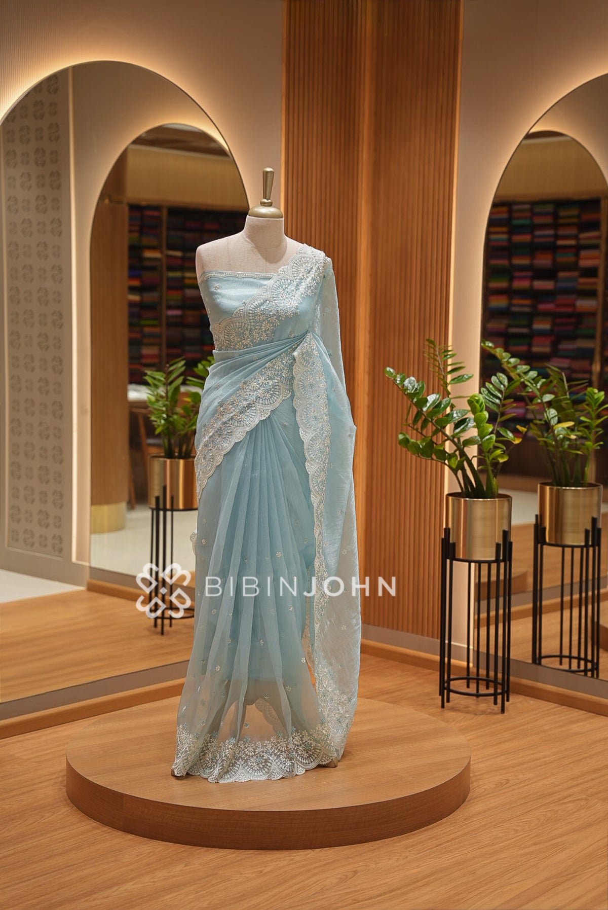 Tissue Organza Embroidery Saree For Women Powder Blue