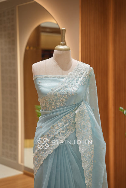 Tissue Organza Embroidery Saree For Women Powder Blue CLOSE VIEW