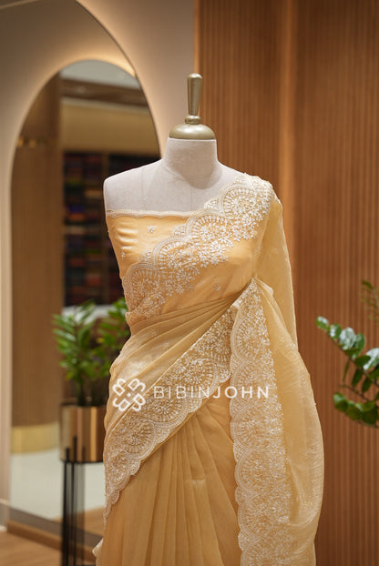 Tissue Organza Embroidery Saree For Women Golden Beige CLOSE VIEW