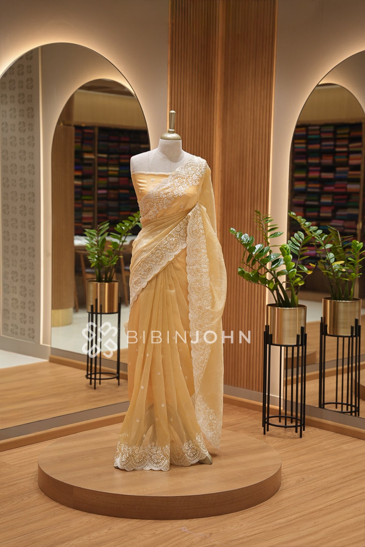 Tissue Organza Embroidery Saree For Women Golden Beige