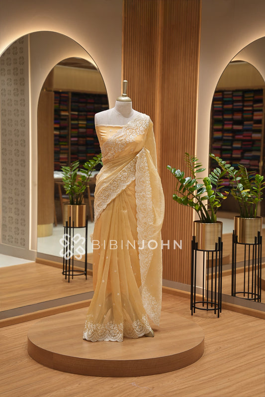 Tissue Organza Embroidery Saree For Women Golden Beige