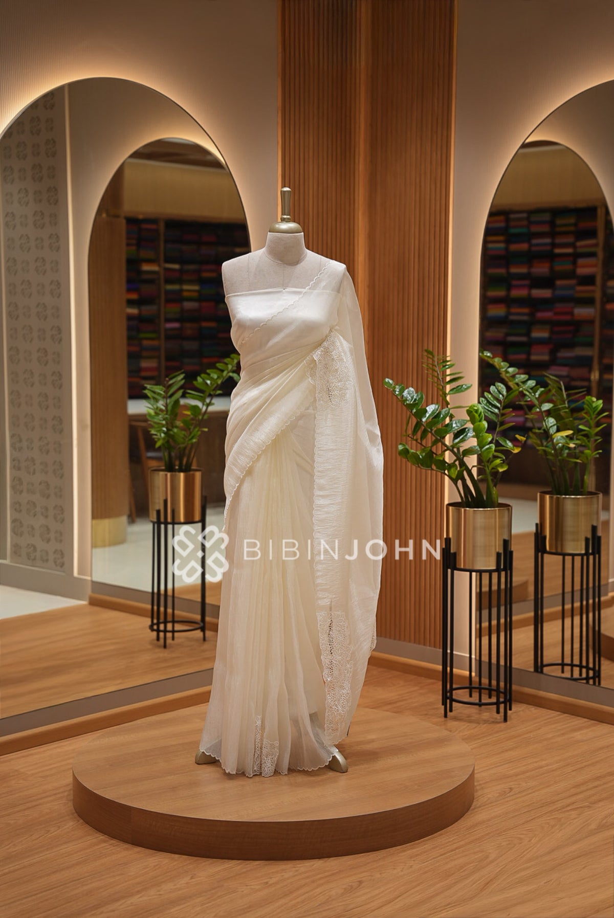 Tissue Organza Embroidery Saree For Women Ivory