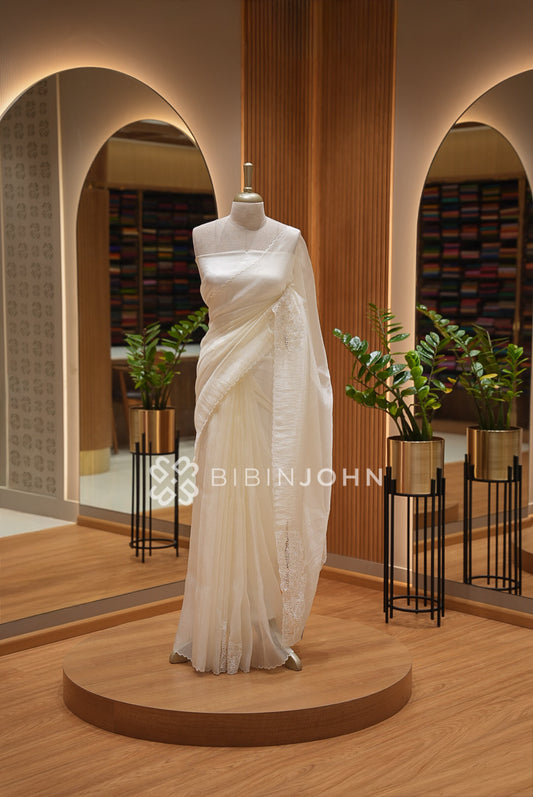 Tissue Organza Embroidery Saree For Women Ivory