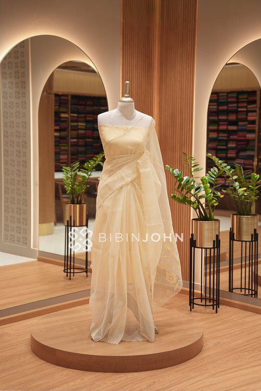Organza Embroidery Saree For Women Light Cream