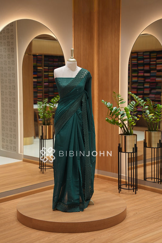 Chanderi Embroidery Saree For Women Bottle Green