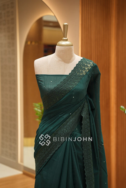 Chanderi Embroidery Saree For Women Bottle Green CLOSE VIEW
