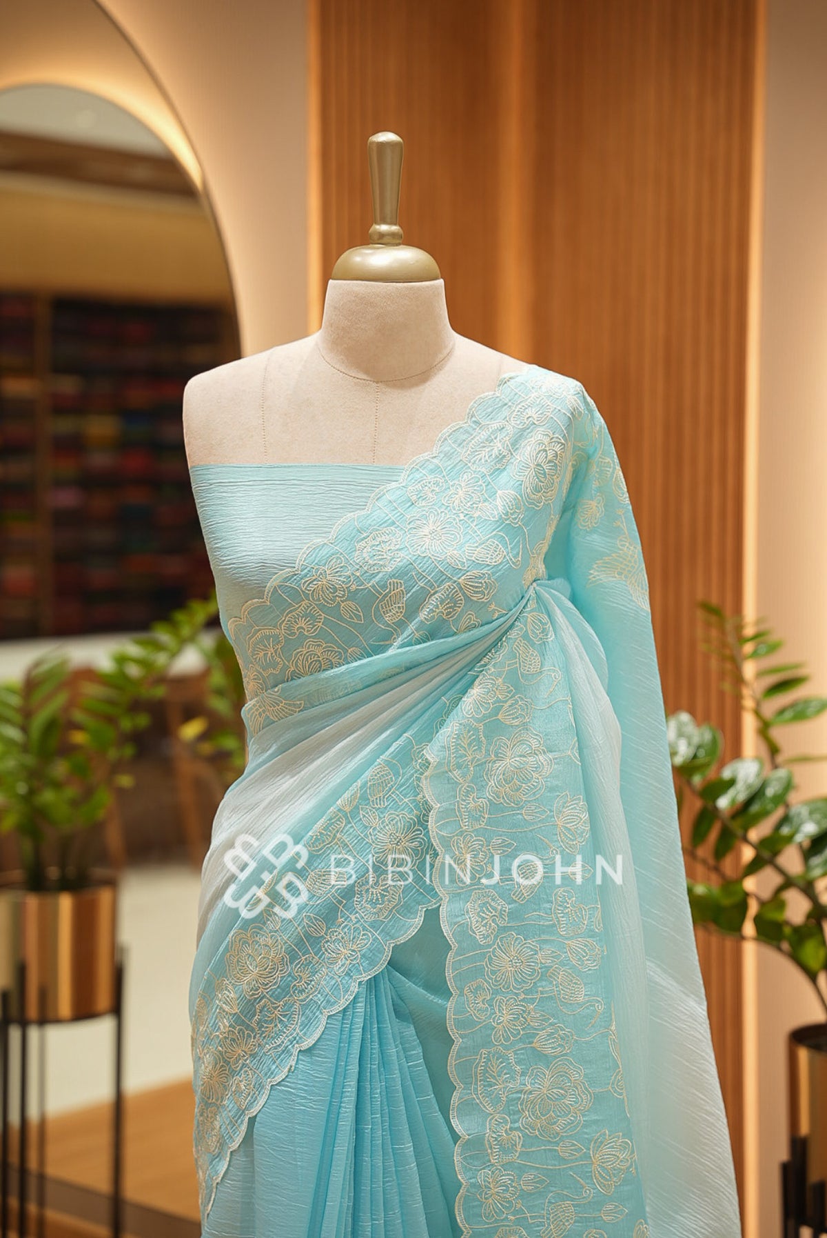 Tissue Organza Embroidery Saree For Women Aqua Blue CLOSE VIEW