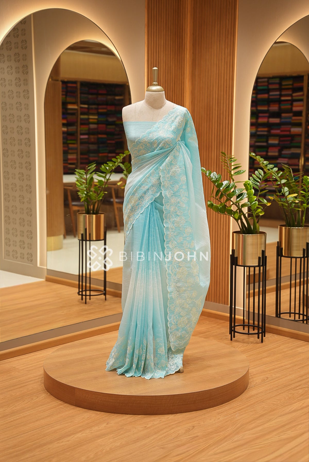Tissue Organza Embroidery Saree For Women Aqua Blue