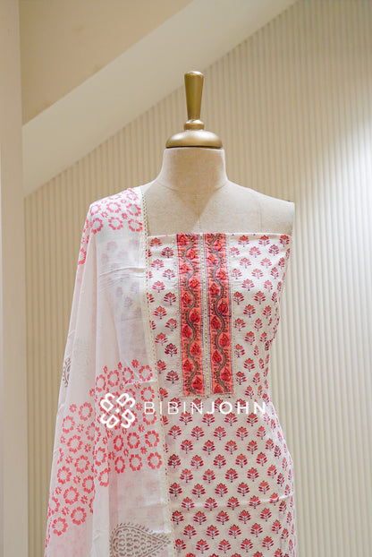 Printed Cotton Unstitched Salwar Suit Material White  close view