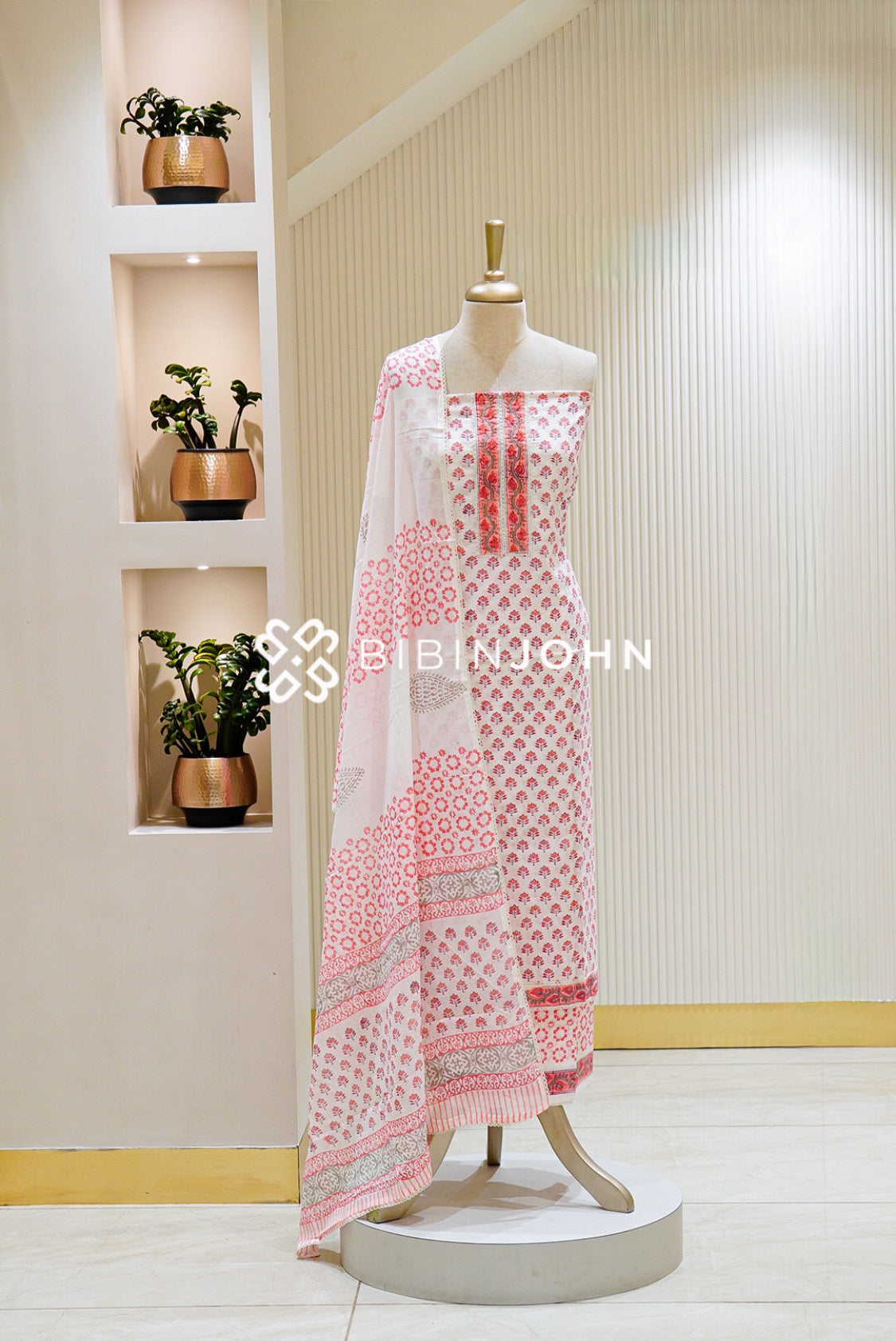 Printed Cotton Unstitched Salwar Suit Material White 