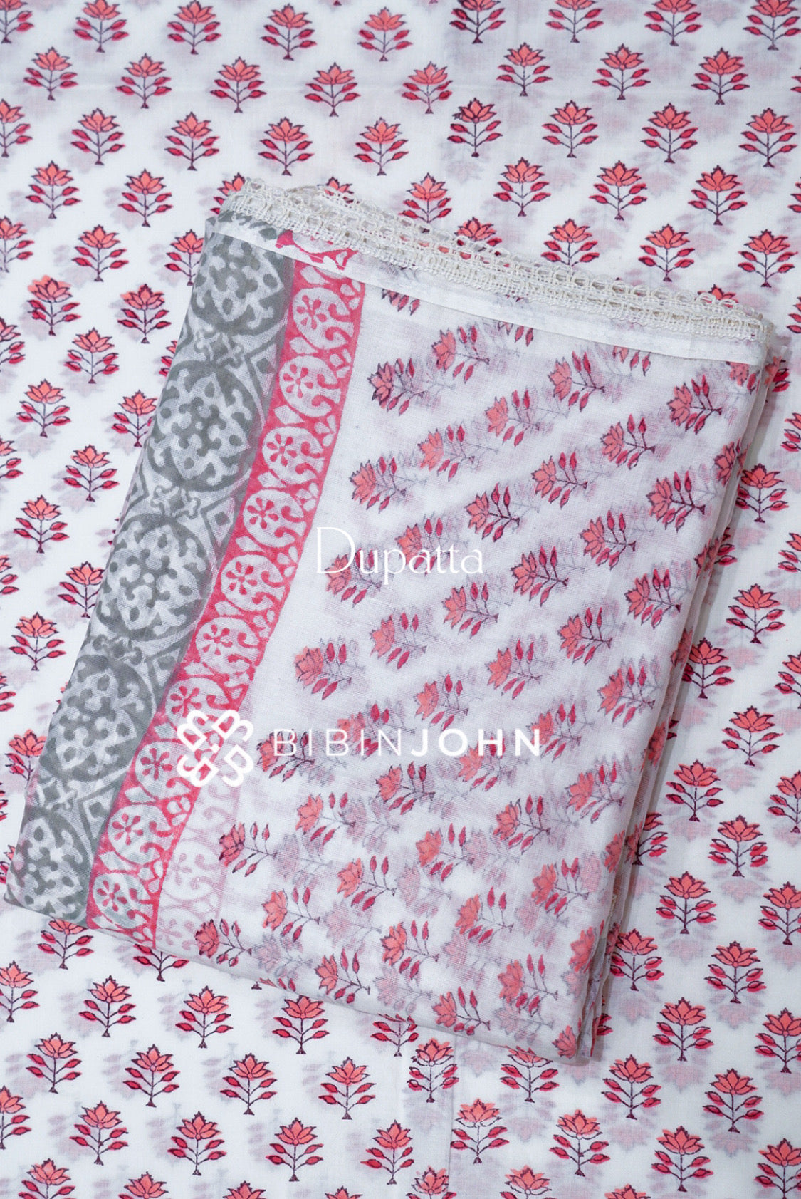 Printed Cotton Unstitched Salwar Suit Material White  dupatta