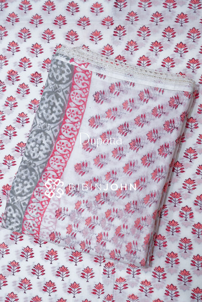 Printed Cotton Unstitched Salwar Suit Material White  dupatta