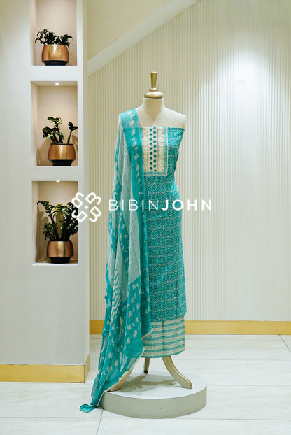 Cotton Embroidery Unstitched Salwar Suit Material Aqua Turquoise 