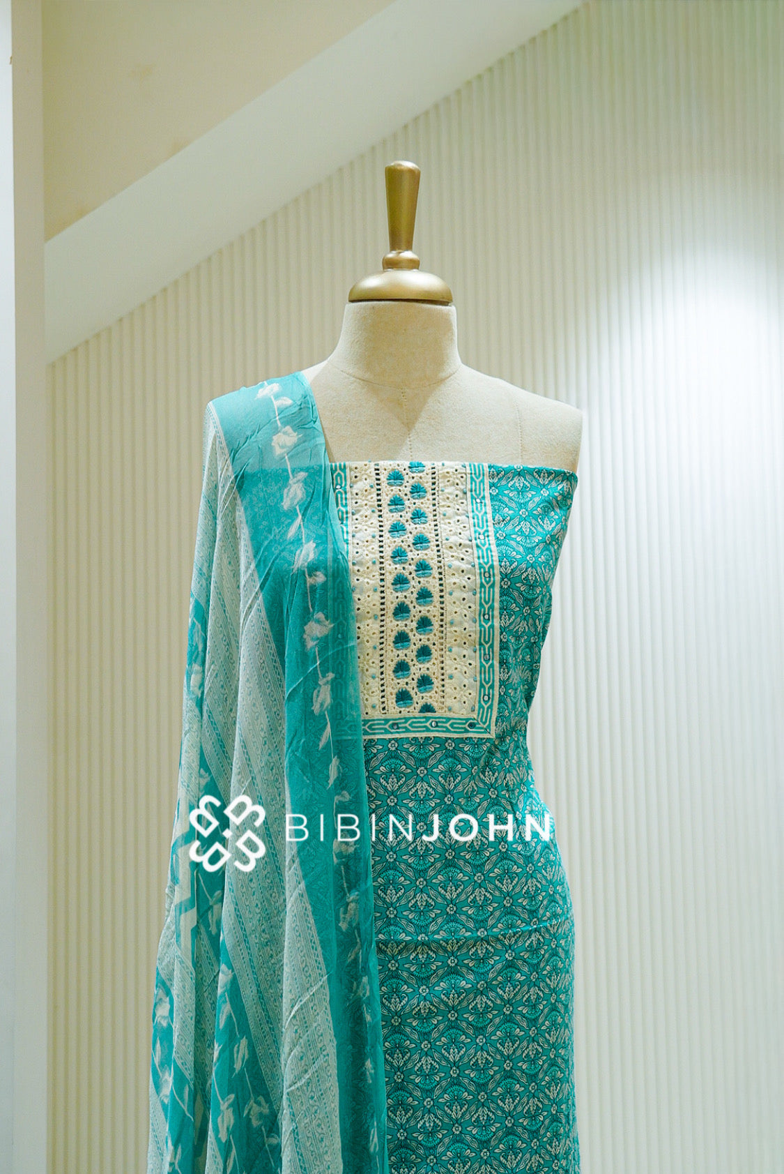 Cotton Embroidery Unstitched Salwar Suit Material Aqua Turquoise  CLOSE VIEW