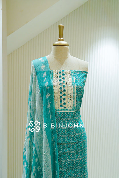 Cotton Embroidery Unstitched Salwar Suit Material Aqua Turquoise  CLOSE VIEW